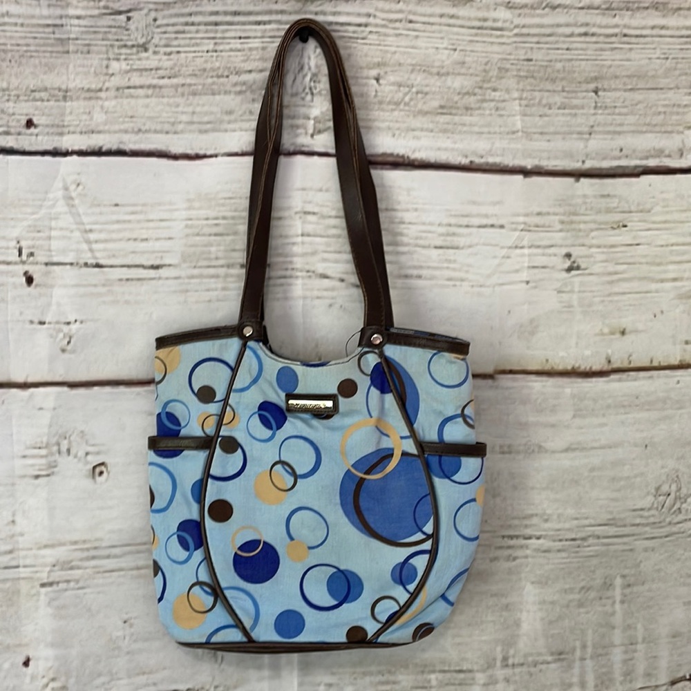 Longaberger blue dot fabric & leather shoulder bag/satchel 2 handles, 11” x 10”￼